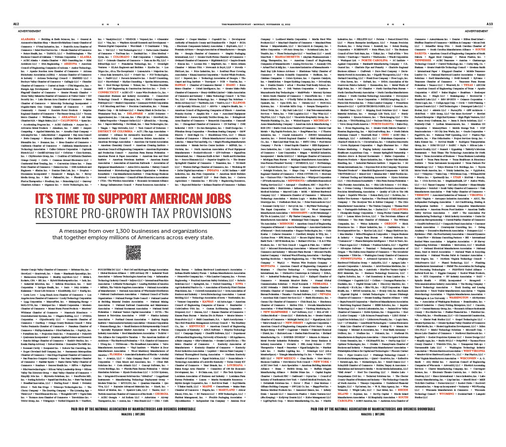 JayTimmonsNAM's tweet photo. The NAM and @BizRoundtable—joined by more than 1,300 industry groups and leaders—is calling on Congress to restore pro-growth tax policies in a full-page message in @washingtonpost.

Join us in calling on Congress to advance U.S. economic competitiveness.
 https://t.co/s0jYPktOk4 https://t.co/PxlLqv4SlA
