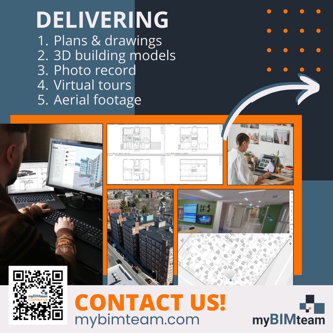 We deliver plans, drawings, 3D building models, photo records, virtual tours, and aerial footage. Ask us how?

#myBIMteam #technology #Revit #BIM #LaserScanning #RevitModeling #AerialImaging #PlanningAndDesign #realitycapture #asbuilts #floorplans #schematics #architects