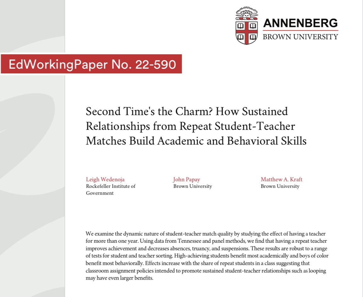 Tener dos años al mismo docente tiene un efecto positivo y consistente en los resultados de las pruebas del 2 % d.e., que se extiende al nivel del estudiante, clase y centro educativo. Paper de @MatthewAKraft et al. edworkingpapers.com/sites/default/… @Fundacion_SM oes.fundacion-sm.org/claves-para-la…