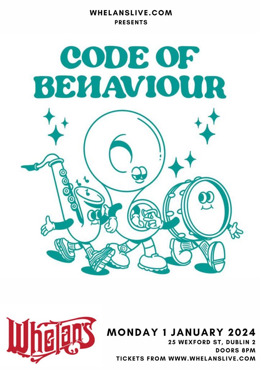 CodeOfBehaviour's tweet image. ✨ NEW YEAR’S DAY ✨
We’re unbelievably excited to be back in one of our favourite venues, @whelanslive to start 2024 in style! 🙌

Keep the New Year’s party going and have a boogie with this boisterous bunch of brassy boys 🤠

Tickets go on sale Friday at 10am.