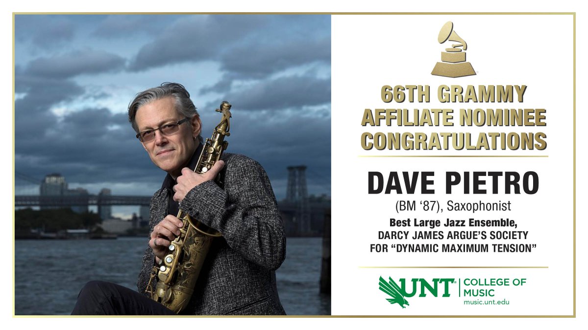 ALUMNI SAXOPHONIST GRAMMY NOMINATED: Dave Pietro (BM ’87) is included on the GRAMMY-nominated “Dynamic Maximum Tension” performed by Darcy James Argue’s Secret Society in the category of Best Large Jazz Ensemble. @JohnwRichmond2 <a href="/UNTSocial/">University of North Texas</a> <a href="/UNTNews/">UNT News</a>
