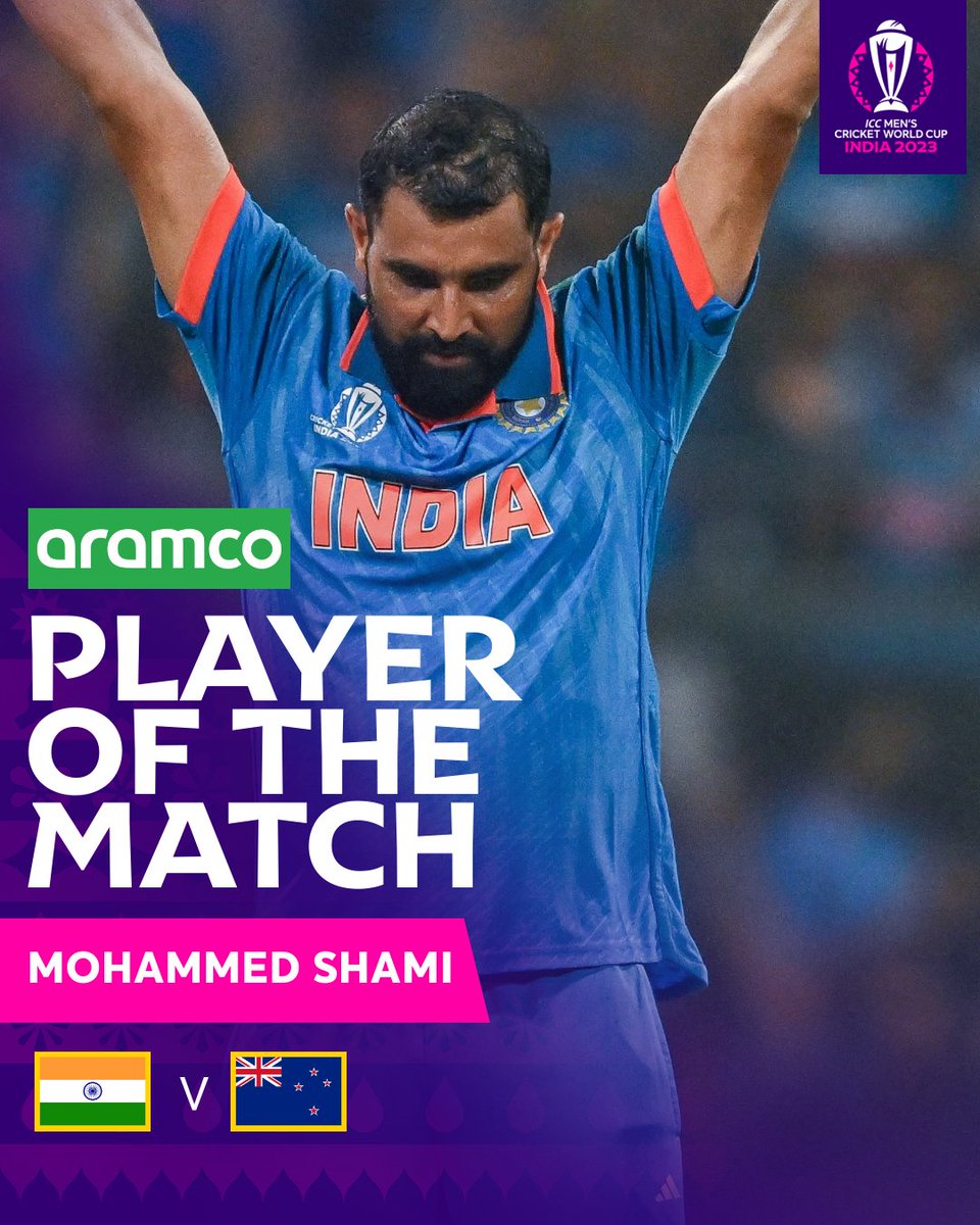 A scintillating seven-wicket haul from Mohammed Shami bowled India into the finals of the #CWC23 🔥

He wins the @aramco #POTM for his effort.

#CWC23 | #INDvNZ