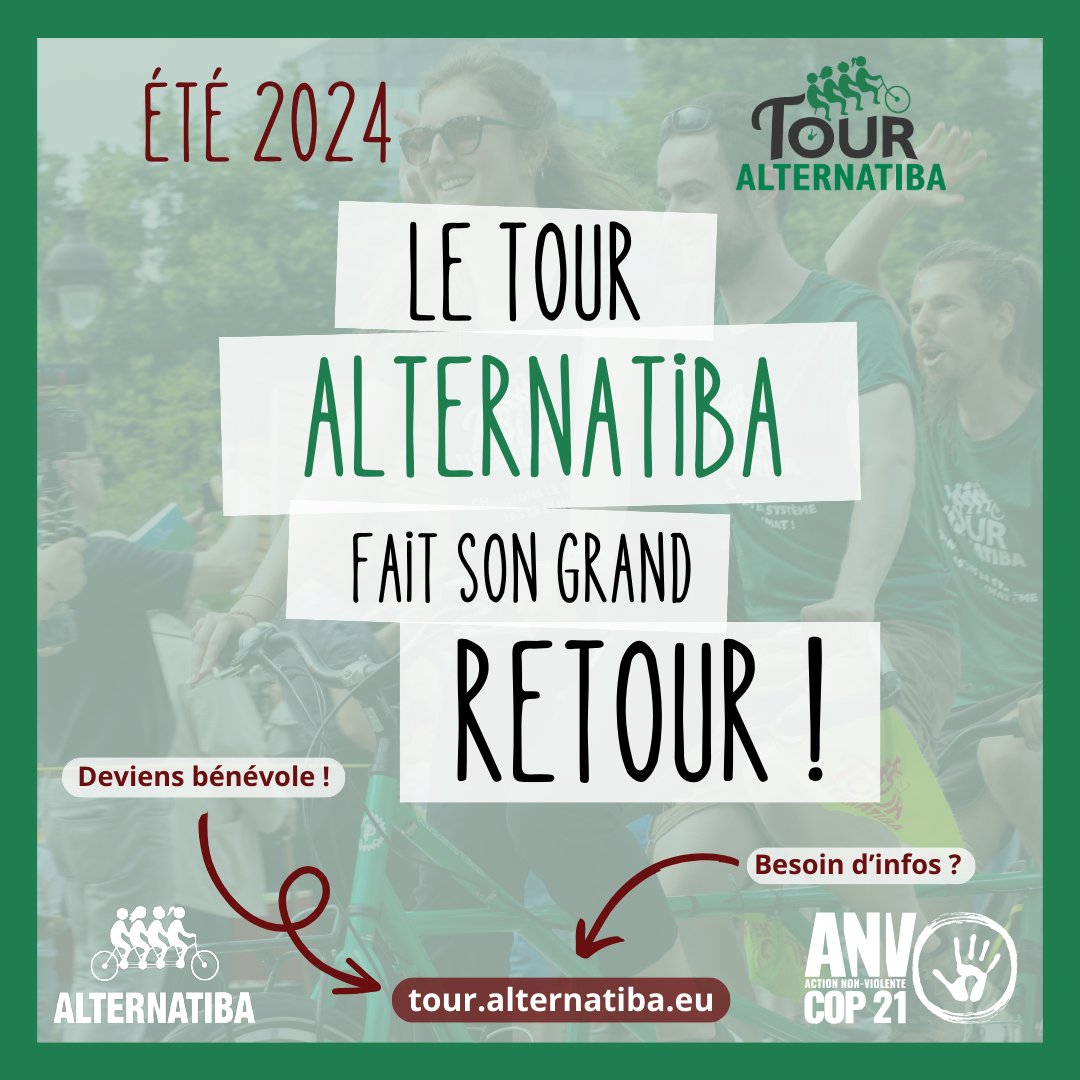 🚴Le Tour Alternatiba se remet en selle en 2024 ! Après 2015 et 2018 on recommence en plus grand ! Des tandems de 3 à 4 cyclistes vêtus de vert qui parcourent la France, rejoins au fil des étapes par des citoyen·nes, c’est trop cool ! Une étape à Villefranche, ça vous dirait ?