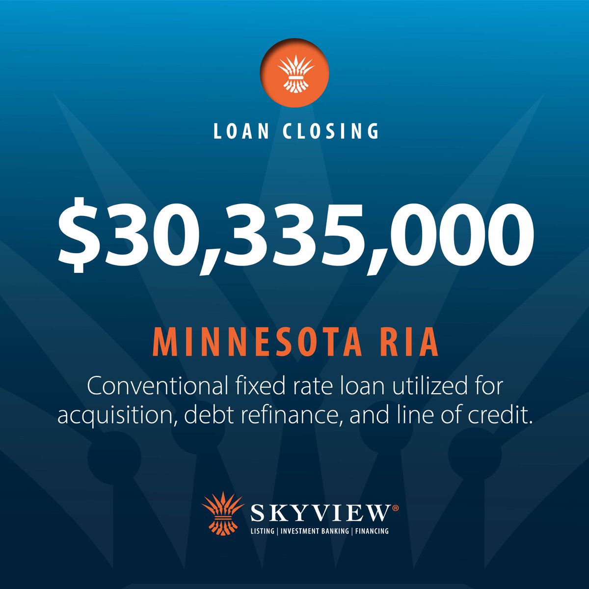 MacyMayfield's tweet photo. SkyView Partners is thrilled to announce the closing of a $30+ million loan! A Minnesota RIA utilized this loan for an acquisition, debt refinance, and line of credit.

#wealthmanagement #debtfree #rias #acquisitions https://t.co/UktyKw3PEL