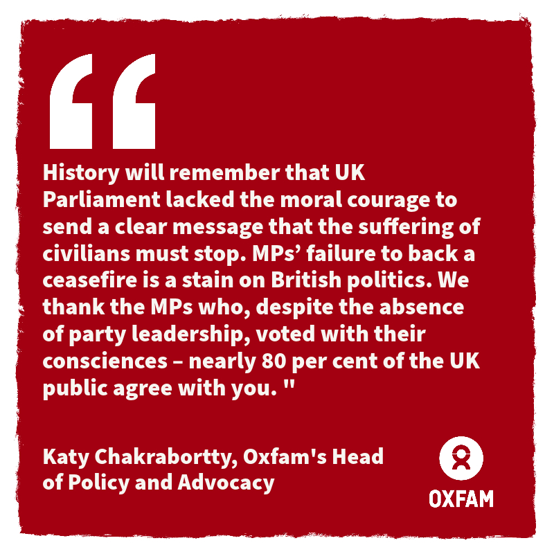 oxfamgbpress's tweet photo. REACTION: Oxfam reaction to the UK Parliament voting no to an immediate ceasefire and humanitarian pause in the Gaza – Israel conflict: https://t.co/61OHMHdREC https://t.co/pOfCJw2Bcb