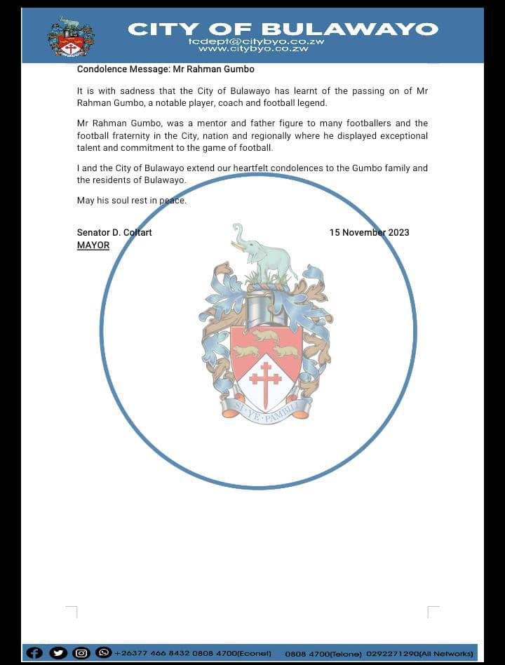 Bulawayo City Council through its Mayor,His Worship <a href="/DavidColtart/">David Coltart</a> has sent Condolence message to the Gumbo family on the passing of the football icon Rahman Gumbo. Thank you David. Meanwhile the Government of Zimbabwe has offered a state assisted funeral for Rush #ezratshisa4life