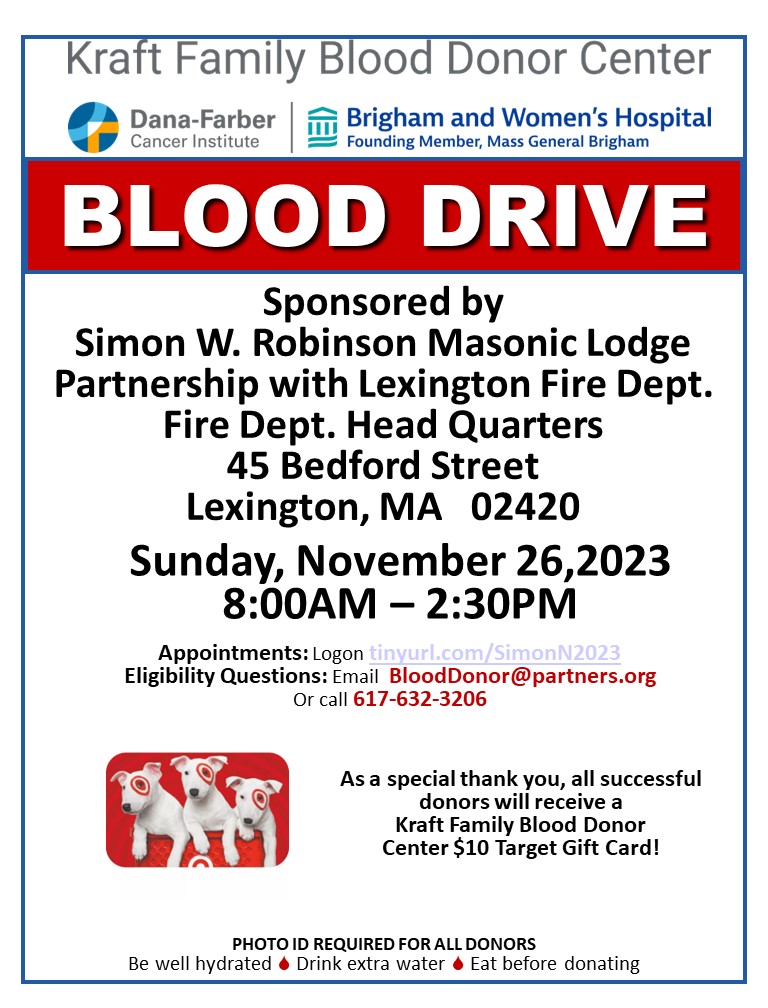 The Kraft Center #BloodMobile will be traveling to #LexingtonFireandSimonWRobinsonLodge, Sunday, November 26, 2023  Stop by this fantastic blood drive and #BeAHero for our patients at  Dana-Farber and Brigham Women's  #donatelifeKraftfamily