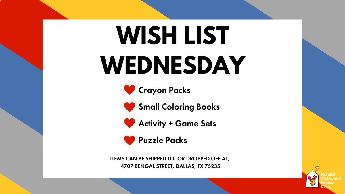 RMHDallas's tweet photo. It's #WishListWednesday - Family Room edition ❤️ Help us provide fun activities for the kiddos using our Scottish Rite - Frisco Family Room! We're in need of crayons, coloring books, activities, and puzzle sets. Order them here: https://t.co/R77yAEjlCj https://t.co/XdEAHUn2Wc
