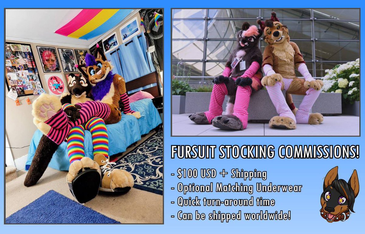 Hii hello! ⭐️I’m OPEN for Fursuit Stockings commissions!⭐️

💕Free delivery to MFF! 
✨Custom-tailored to fit your suit!
🩲Matching underwear option!
