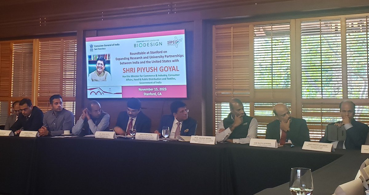 Having a productive roundtable conversation with Minister Piyush Goyal, a member of the Indian Prime Minister's cabinet. Partnership opportunities ranged from sustainability to health care to microelectronics. <a href="/CGISFO/">India in SF</a> @TiESV