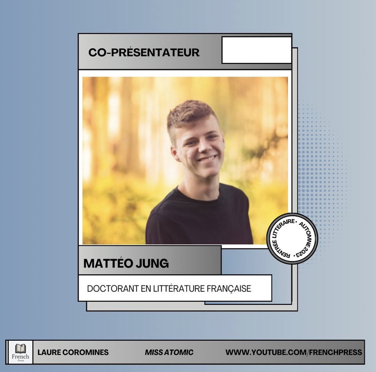 French Press présente Mattéo Jung qui participera à notre entretien avec Laure Coromines au sujet de son livre, Miss Atomic (@gallimard). À bientôt !