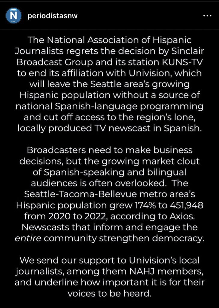 daisyzavv's tweet photo. This news is gutting, disappointing and worst of all not surprising. Especially considering the biggest outlets in that region don’t provide any meaningful/consistent coverage for the community. If we get coverage at all, it tends to be about, never for.  The difference matters. Latino coverage in the Seattle-area is minimal despite the community’s rapid growth. Idk what to say anymore.