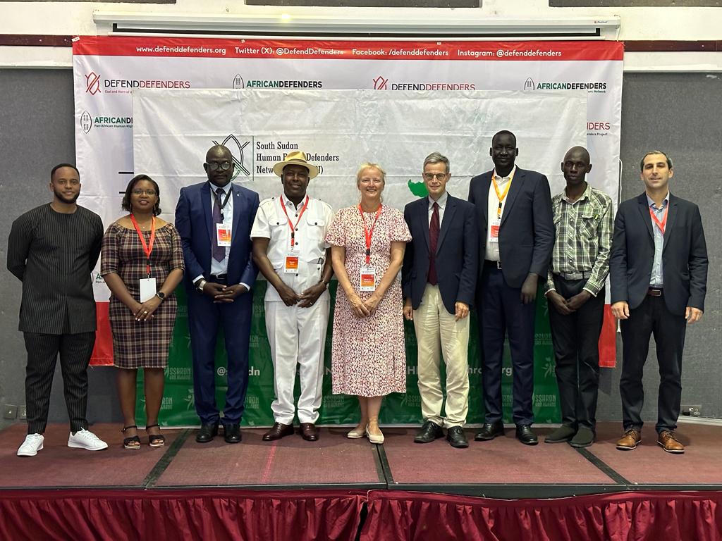DefendDefenders's tweet photo. Some more photos of #ClaimingSpacesSS23: report launch with partners, including H.E. Ms. Marjan Schippers of @NLinSouthSudan, Mr. Lothar Jaschke of @EUinSouthSudan, and @SSHRDNetwork — special thanks to Edmund Yakani &amp; James Bidal. 

#ClaimingSpaces #SouthSudan #UDHR75 https://t.co/a4I6REojtd