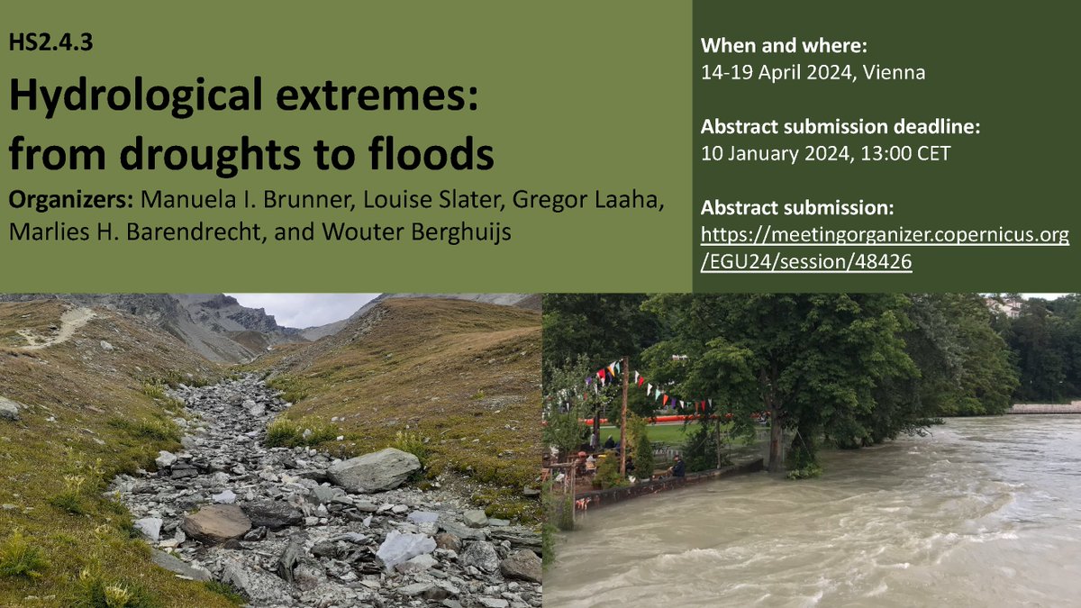ManuelaIBrunner's tweet image. #EGU24 abstract submission is open and we - @DrLouiseSlater, @MH_Barendrecht, G. Laaha, and @wberghuijs - welcome your submissions on #droughts, #floods, and their interplay to our long-standing session on 'Hydrological #extremes: from droughts to floods': meetingorganizer.copernicus.org/EGU24/session/…