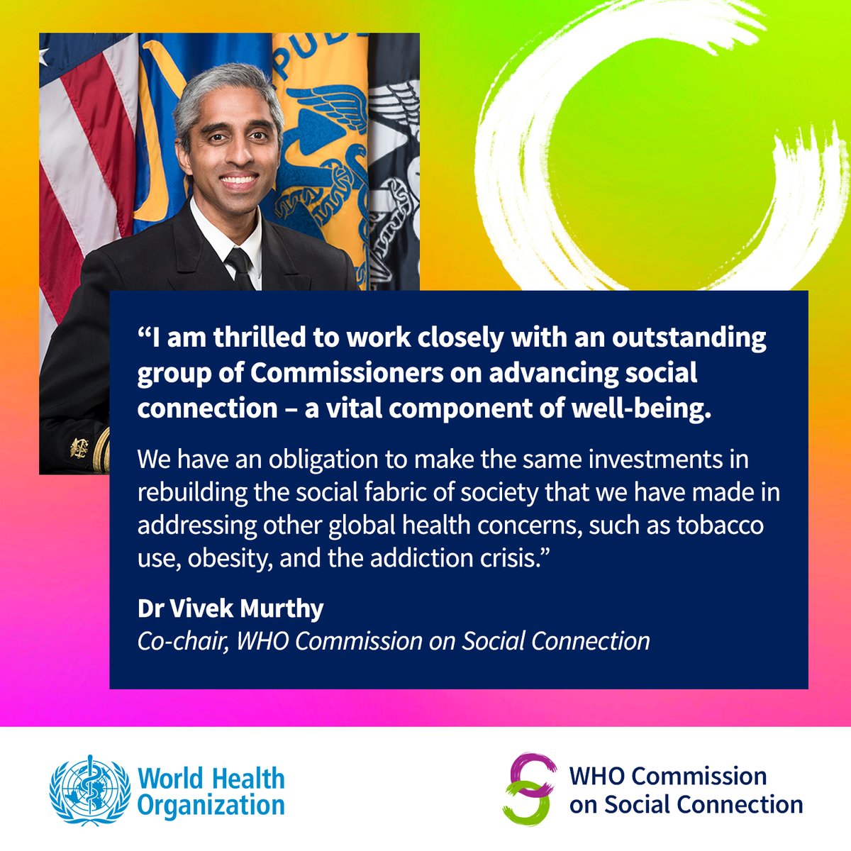 So glad @WHO is tackling social connection at a global level. Our connections to one another are vital to our health and well-being. I’m looking forward to the work ahead. bit.ly/WHO-CSC