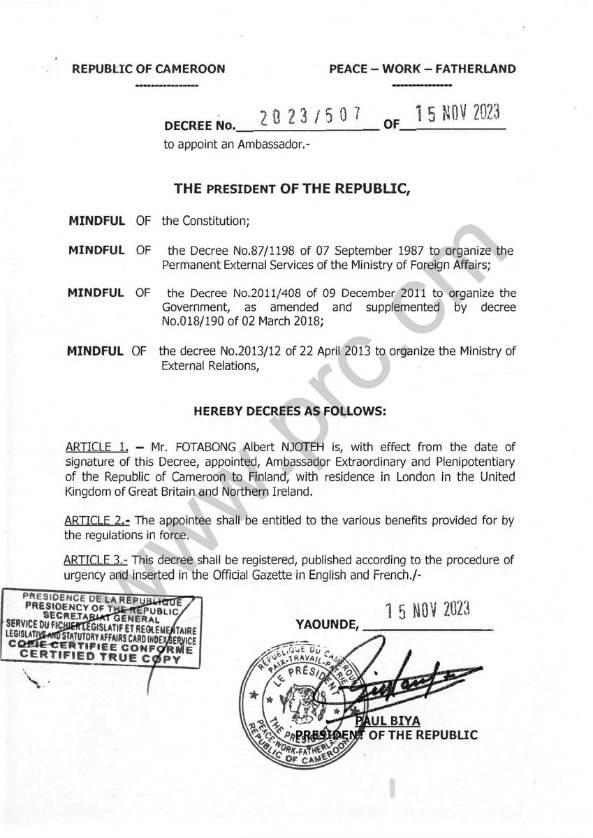 PR_Paul_BIYA's tweet photo. Decree to appoint an Ambassador.
#PaulBiya
#Cameroon https://t.co/DzRD41FGAI