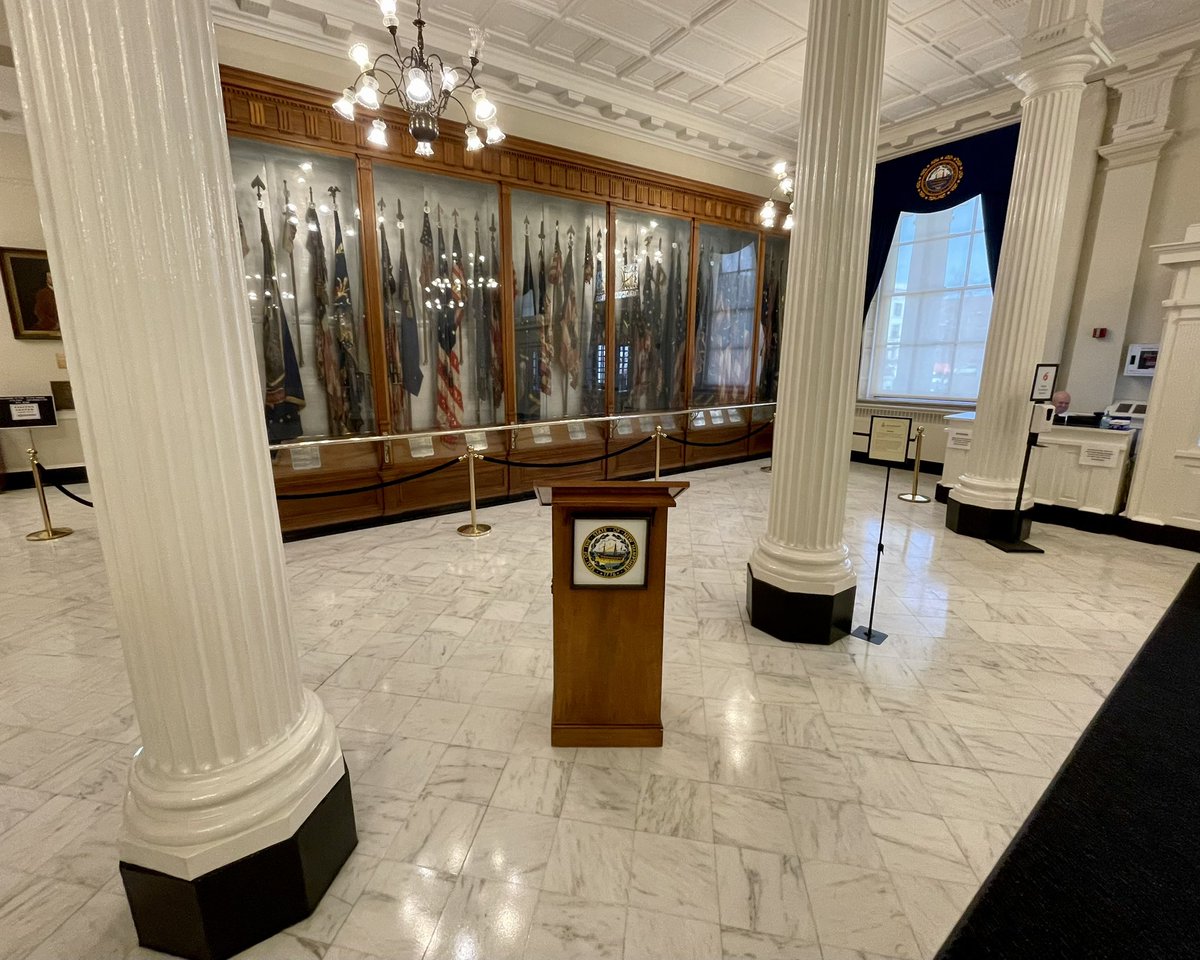 AdamSextonWMUR's tweet photo. All in the details: @NHSecretary will announce the date of the #FITN primary in the State House Hall of Flags, a Civil War Memorial. Directly behind the podium are the battle flags of the NH 4th regiment, which fought to save the Union in… South Carolina #FITN #NHPolitics #WMUR https://t.co/Sgk9zwdSoZ