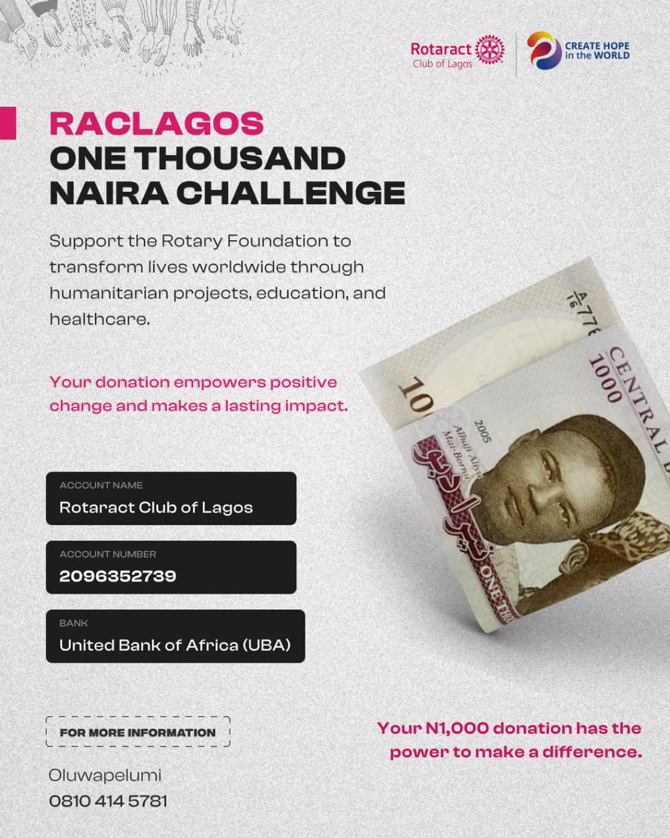raclagos's tweet photo. 🔊🔊🔊Rotary foundation month is a time to celebrate the incredible impact of rotary in communities worldwide. 
Guided by the motto "Service above self".

🤝Join us in empowering communities transforming lives with a donation of N1,000. 

 #rotaryclub  #Lagos #unilag #student https://t.co/UJtRNMHDXJ