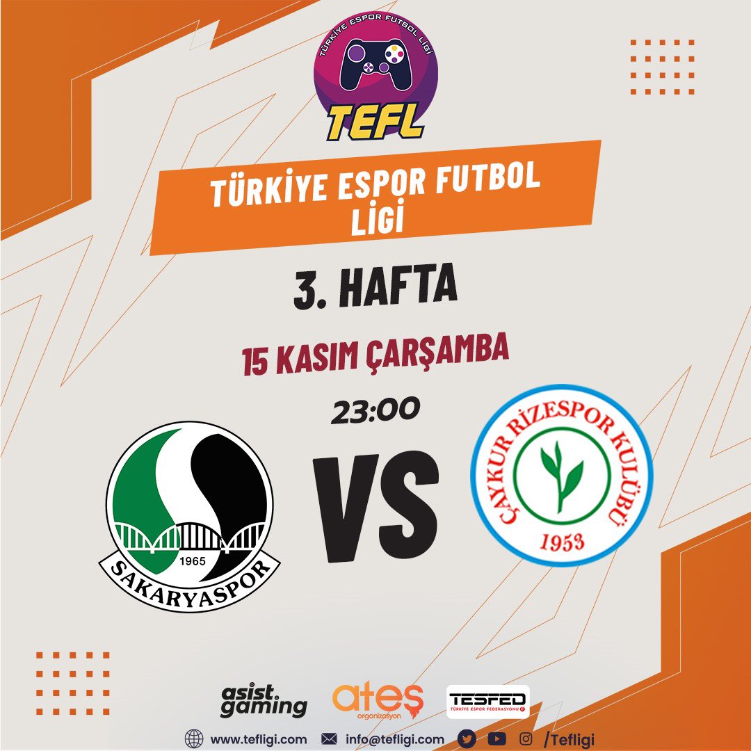 Çaykur Rizespor Espor (@crizeespor) on Twitter photo 🔥 MATCHDAY 🔥
Bugünki maçımız, geçen hafta olduğu gibi bir deplasman maçı ! Bugün de Sakaryadan 3 puanı almaya hazırlanıyoruz.💪
💙💚 Çaykur Rizespor 💚💙
#vira #bismillah #çaykurrizespor #espor #tefl #ateşorganizasyon
<a href="/tefligi/">Türkiye Espor Futbol Ligi</a> <a href="/atesesports/">Ateş Spor Organizasyon</a> <a href="/SakaryasporEs/">Sakaryaspor Espor</a> 🔥 MATCHDAY 🔥
Bugünki maçımız, geçen hafta olduğu gibi bir deplasman maçı ! Bugün de Sakaryadan 3 puanı almaya hazırlanıyoruz.💪
💙💚 Çaykur Rizespor 💚💙
#vira #bismillah #çaykurrizespor #espor #tefl #ateşorganizasyon
<a href="/tefligi/">Türkiye Espor Futbol Ligi</a> <a href="/atesesports/">Ateş Spor Organizasyon</a> <a href="/SakaryasporEs/">Sakaryaspor Espor</a>
