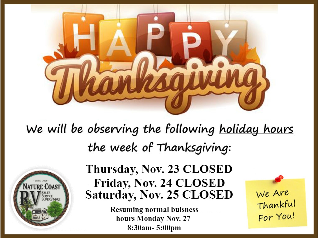 Nature_RV's tweet photo. Happy Thanksgiving everyone!
#rvlife #rvliving #5thwheel #motorhome #smallbusiness #florida #crystalriver #travel #holidays #Thanksgiving #camping #campinglife #camperlife #5thwheelliving #naturecoast #citruscounty https://t.co/T9yN6S7yMp