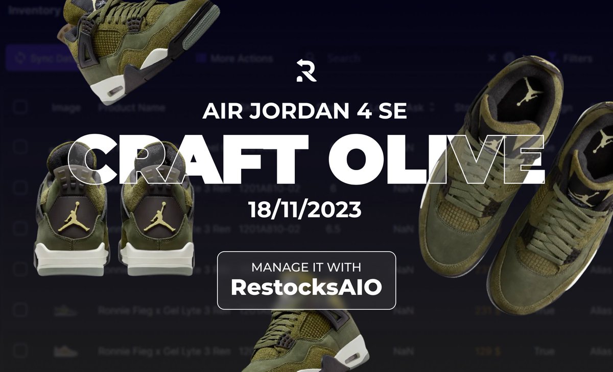 🫒 AJ4 CRAFT "OLIVE"

Another big release this Saturday!
Get RestocksAIO now and make sure you manage, store and sell all your sneakers in the best and easiest possible way! 🚛

Like + RT for a FREE Monthly 🆓