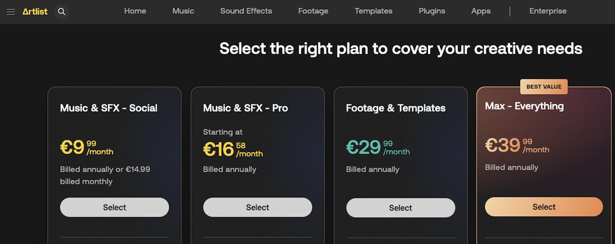 DavidBlomberg's tweet photo. 👋 @Artlist_io I'm about to sign up, but I cannot make sense of the pricing. 16,58 euro / month for the "Music &amp; SFX - pro" plan becomes 24,92 euro /month when I try to buy… 🤔 What is the price for this plan? https://t.co/Ii14pJPsbK