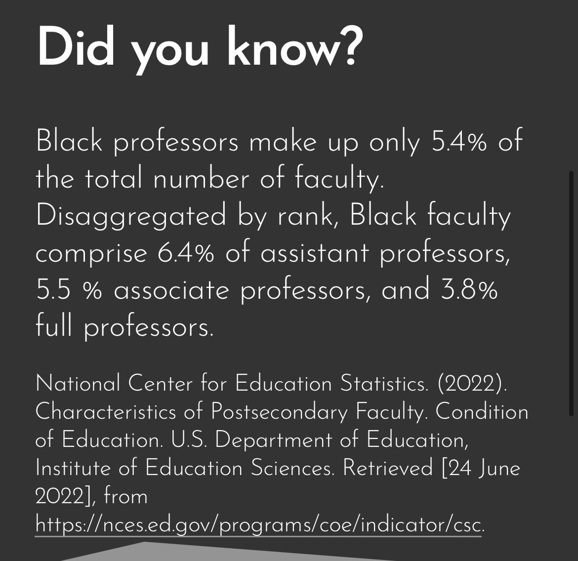 DrPemphs's tweet photo. โBlack professors make up only 5.4% of the total number of faculty. Disaggregated by rank, Black faculty comprise 6.4% of assistant professors, 5.5 % associate professors, and 3.8% full professors.โ #ASHE2023 #BlackFaculty #ImagedFutures https://t.co/c9XppszMDL