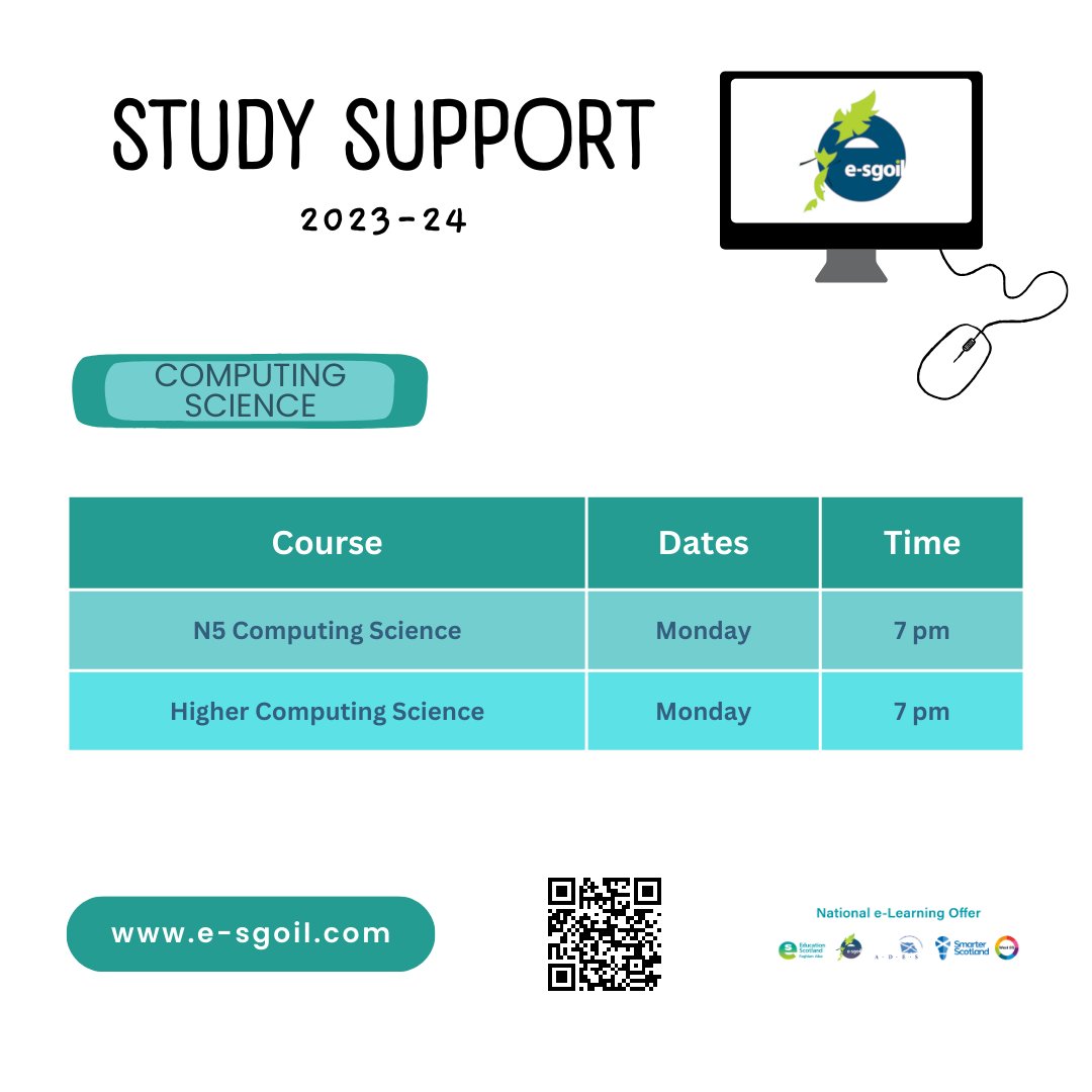 e-Sgoil (@esgoil) on Twitter photo Study Support webinars are now underway for Computing Science N5 and Higher. Please share this handy graphic in your school department or online and help us to spread the word!
e-sgoil.com/senior-phase/s…
#NeLO <a href="/EducationScot/">Education Scotland</a> <a href="/STEMedscot/">STEM @ Education Scotland</a> Study Support webinars are now underway for Computing Science N5 and Higher. Please share this handy graphic in your school department or online and help us to spread the word!
e-sgoil.com/senior-phase/s…
#NeLO <a href="/EducationScot/">Education Scotland</a> <a href="/STEMedscot/">STEM @ Education Scotland</a>