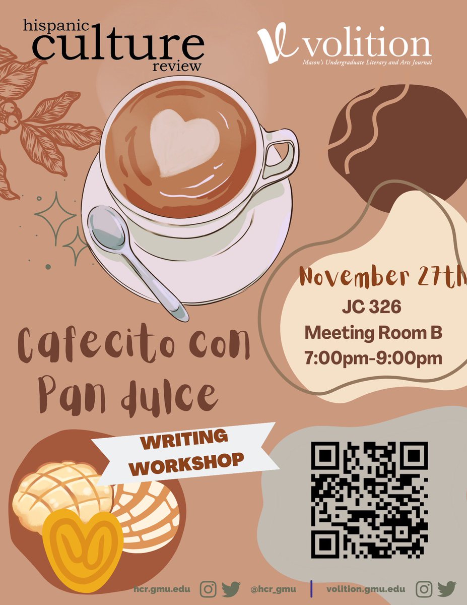 Testing. Testing. 1…2…3. Is this thing on? Volition is back on Twitter and we have a new event to share with you! On November 27th at 7pm Volition and Hispanic Culture Review will be hosting a writing workshop! Register through the QR Code and we hope to see you there! ✨