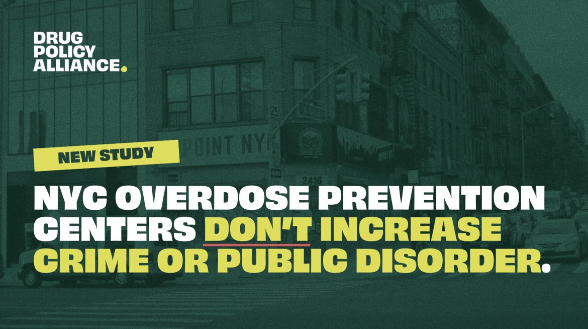 A new study found no significant increase in violent or property crimes reported to police, emergency service calls, nor 311 public safety calls in neighborhoods of NYC overdose prevention centers. This is consistent with what we’ve long understood about the critical, life-saving…