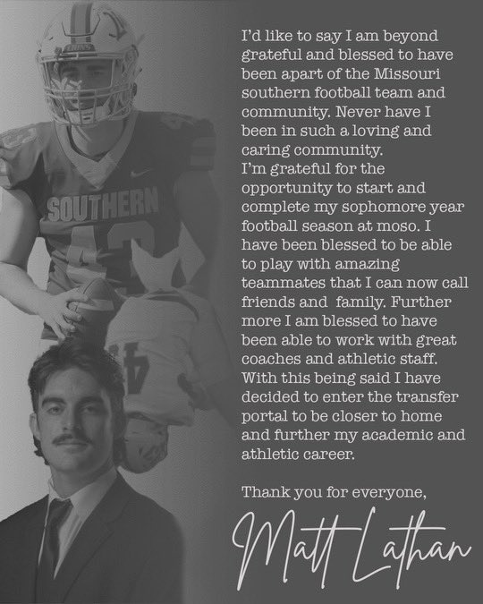 MattLathan2's tweet photo. I have decided to enter the transfer portal with 2 years left of eligibility. https://t.co/IUbVvIbAZv