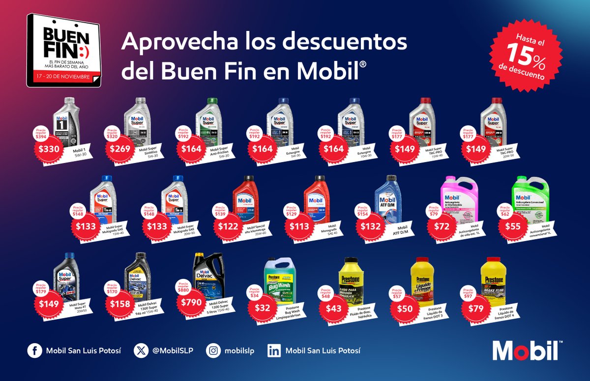 MobilExpressSLP's tweet photo. Aprovecha los descuentos del Buen Fin en aceites y productos para el cuidado de tu motor en las estaciones de servicio Mobil San Luis Potosí

➡️ Válido del 15 al 20 de noviembre del 2023.

#EligeElMovimiento #BuenFin #sanluispotosí https://t.co/DT6kXl1Qcn