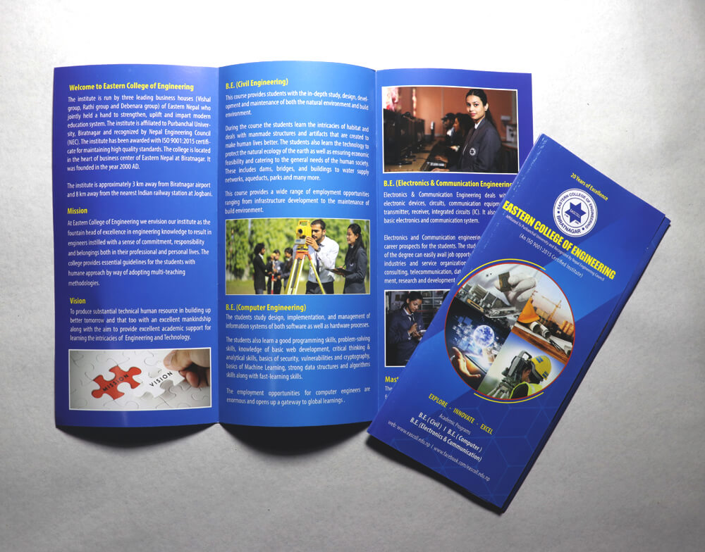 Brochure Design & Print - Eastern College of Engineering - Biratnagar 
Contact us for your design & print copy.
#easterncollege #EasternCollege #Escoll #CollegeOfEngineering #Biratnagar #biratnagar_nepal #indesignmedia