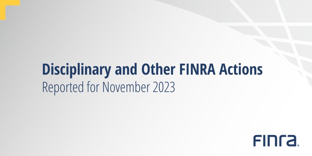 FINRA's tweet photo. The November Disciplinary Actions report is now available.
FINRA sanctioned several respondents for violations involving accounts of seniors.
Learn more ▶️ https://t.co/tQQ817pB1O https://t.co/bePbID77xr