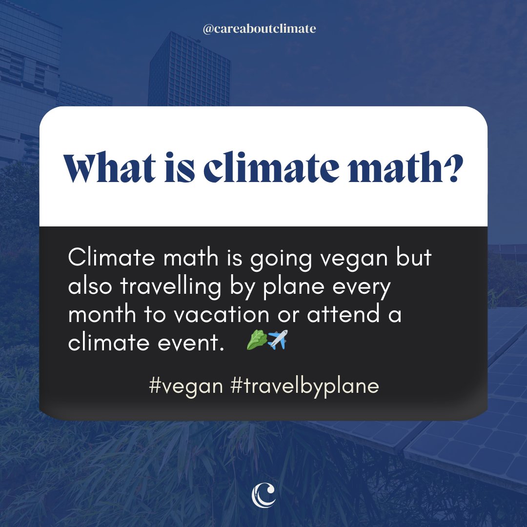 careboutclimate's tweet image. What is #ClimateMath? 😊
Climate Maths is bringing a reusable bag with you and buying single-use plastic-wrapped fruits and veggies 😅

It is going vegan but also traveling by plane every month to vacation or attend a climate event.