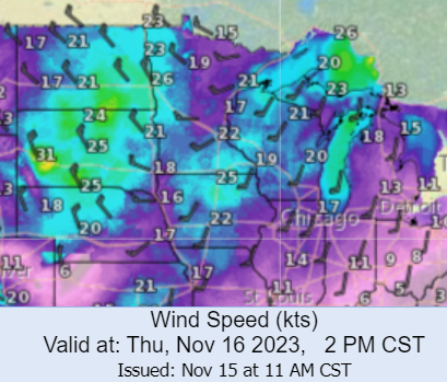 Strong winds and areas of low RH levels are forecast over the Upper Mississippi Valley and central Great Lakes on Thursday, November 16, 2023. Forecast sustained winds at 200 PM CST Thursday: