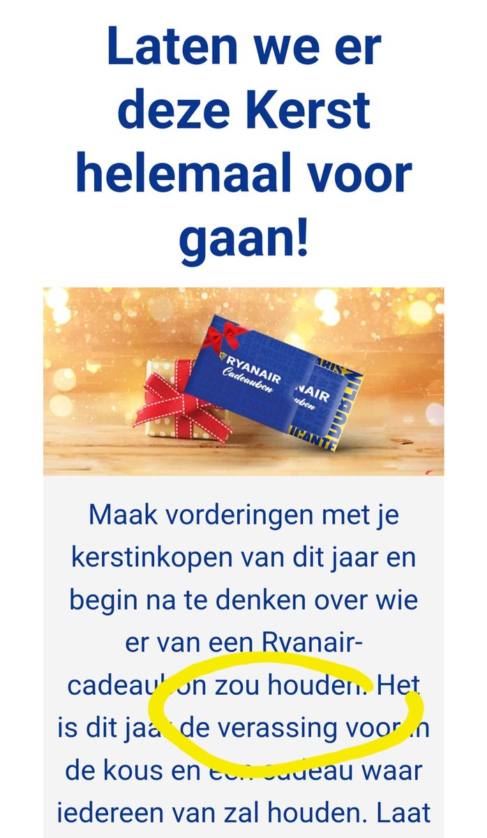 Anke_vd_Vegt's tweet photo. Wil je genieten van je laatste kerst...? Vlieg met Ryanair! Een cadeaubon met een #verassing 🙈 https://t.co/nmiQp9PkIS