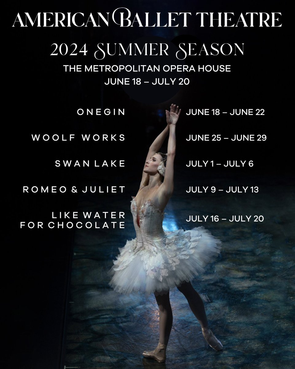 We are thrilled to return to @MetOpera for ABT’S 2024 SUMMER SEASON, June 18 – July 20, 2024! Featuring the NY Premiere of Wayne McGregor’s WOOLF WORKS and the return of classic full-length ballets ONEGIN, SWAN LAKE, and ROMEO & JULIET. 📷: Rosalie O’Connor.