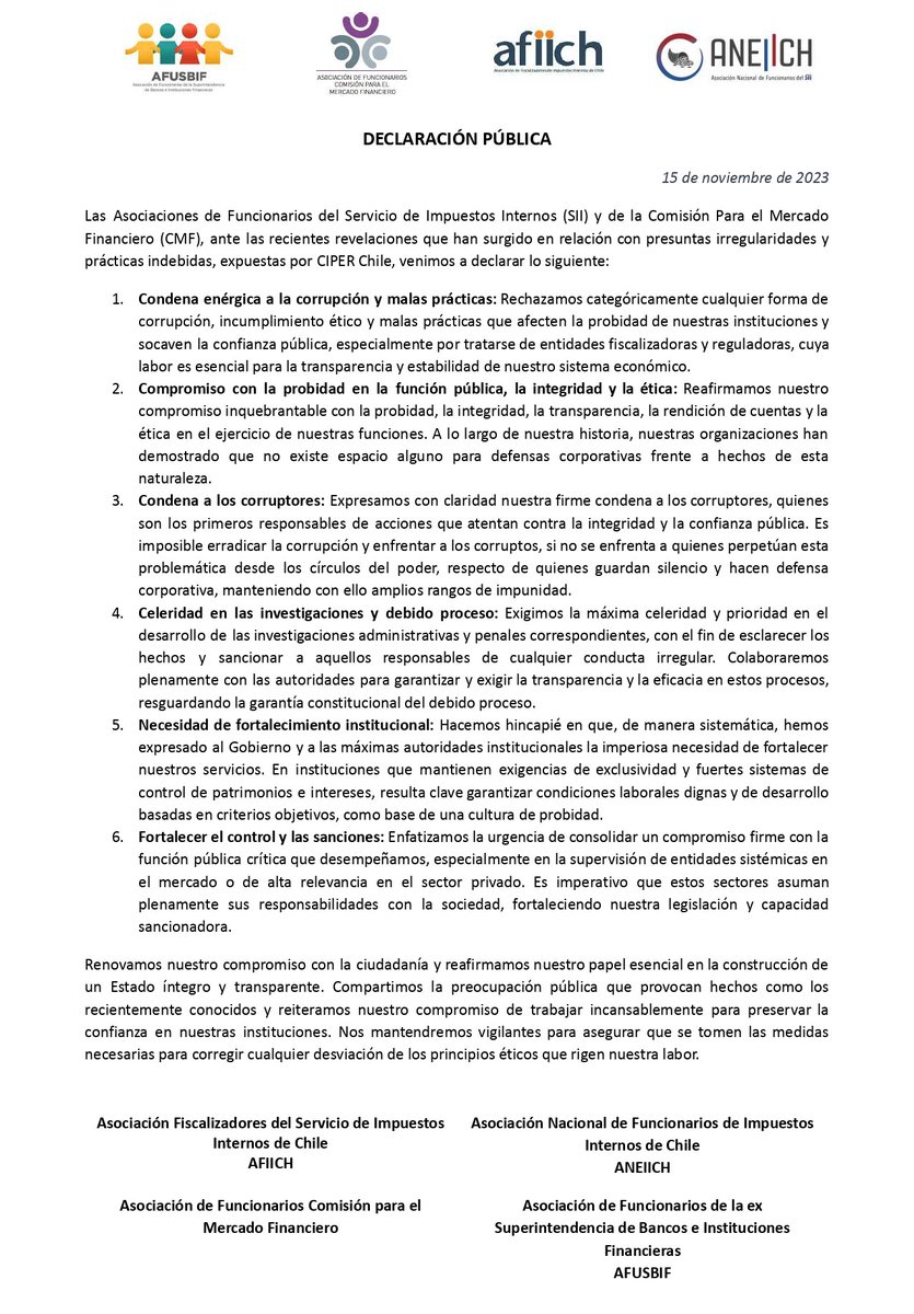 anefchile's tweet photo. 🤚Declaración Pública Asociaciones de Funcionarios SII y CMF por recientes revelaciones de presuntas irregularidades y prácticas indebidas

🧐Leer declaración pública: https://t.co/JYAldxCDzJ

#CMF #SII #ANEF #AFIICH #ANEIICH #AFUSBIF https://t.co/YU7j8ijVan