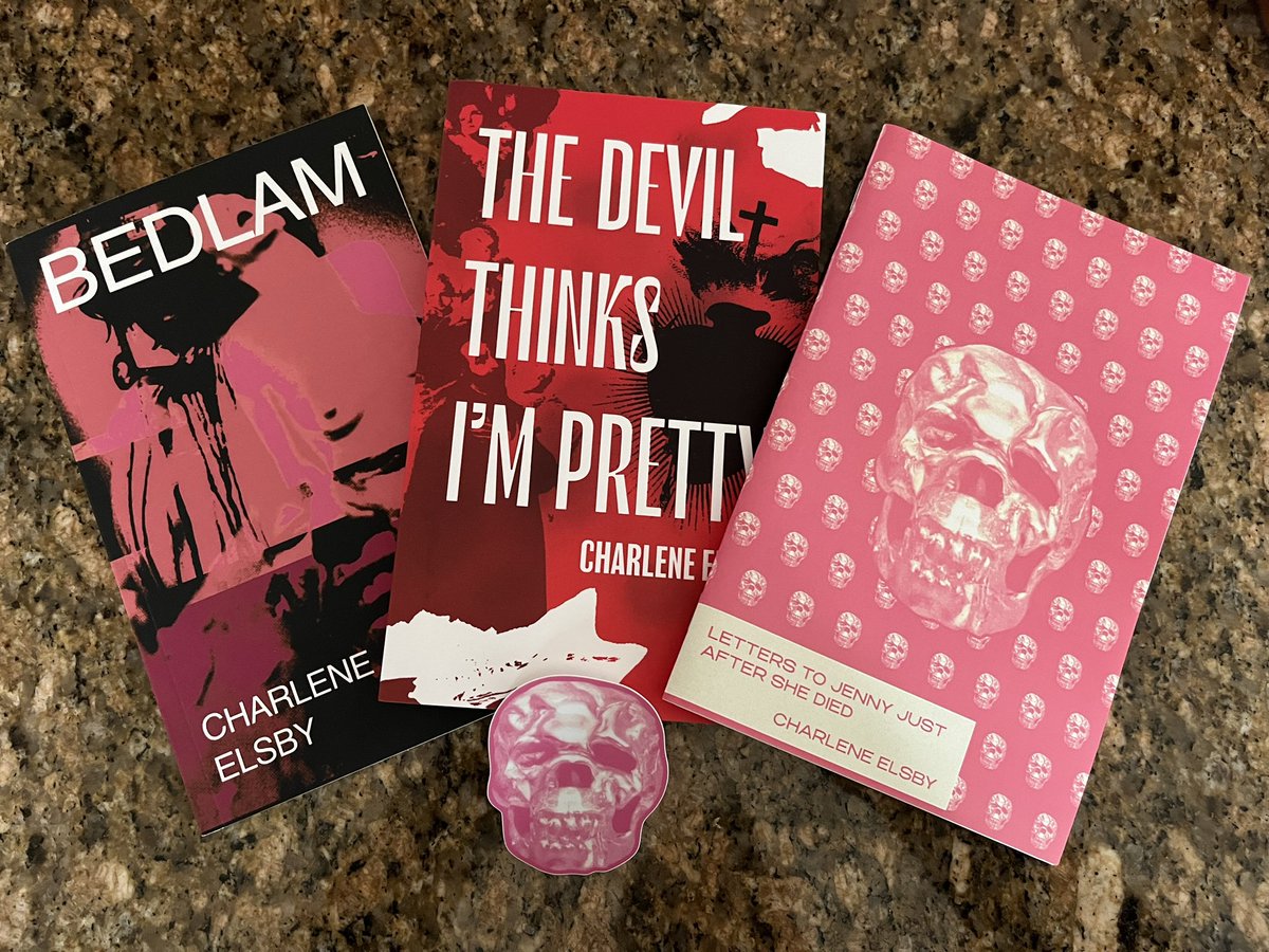 Behold these beautiful books I got today!!
Charlene was even so gracious to send a little note and a surprise chapbook with them too.
Thank you so much, Charlene!! 🖤😎
I am looking forward to these and they will indeed look great on my shelf. 
@ElsbyCharlene