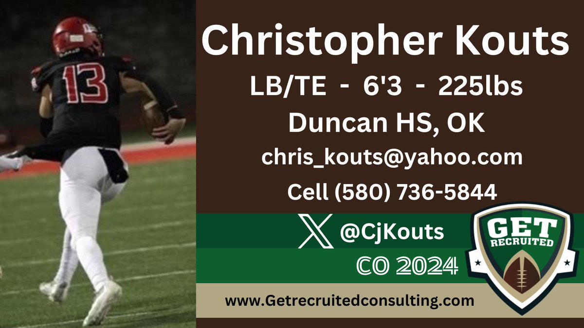 Christopher Kouts - CO 2024 - LB/TE/ATH - 6'3 225lbs - 4.22 GPA - Big Physical Athlete, Runs well and can play multiple positions. Duncan HS, OK - Profile: 
getrecruitedconsulting.com/recruit/christ… <a href="/DrakeBulldogsFB/">Drake Football</a> <a href="/valpoufootball/">Valpo Football</a> <a href="/UCA_Football/">𝗨𝗖𝗔 𝗕𝗘𝗔𝗥𝗦 𝗙𝗢𝗢𝗧𝗕𝗔𝗟𝗟</a> <a href="/UIndyFB/">UIndy Football</a> <a href="/MOStateFootball/">Missouri State Football</a> <a href="/CjKouts/">Chris Kouts</a>