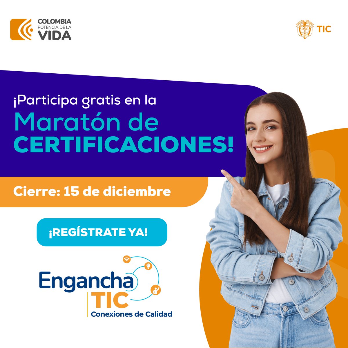 ¡La meta de certificar tus conocimientos digitales está cada vez más cerca!​​ 😎

En noviembre participa 🏃‍♂️​en la gran Maratón de Certificaciones de #EnganchaTIC 2.0 con el <a href="/Ministerio_TIC/">Ministerio TIC</a>. 
 
Regístrate gratis: 📲 ingenia.udea.edu.co/enganchatic