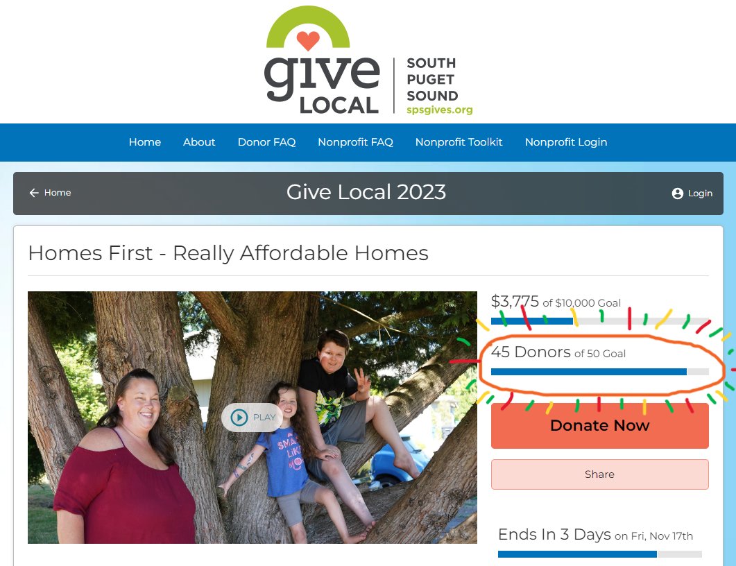 HomesFirst's tweet image. We&apos;re only FIVE donors away from making our Donor Goal for #GiveLocal2023!!! Today is ALSO our last #GivingWednesday of this year&apos;s event; if you haven&apos;t yet, today is a great time to make a meaningful-to-you gift!

Find the #HomesFirst Donation Page here!
spsgives.org/o/community-fo…