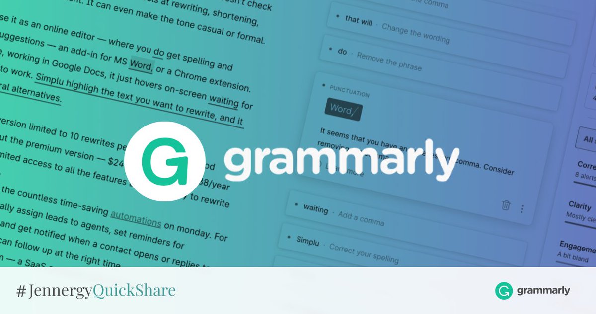 Jennergy's tweet photo. #JennergyQuickShare — Grammarly: the AI writing assistant to make your writing simply better. Check it out: https://t.co/EqhkptL77s
#ai #aitools #aiassistant #jennergy #tech #technology #grammarly #writewithAI https://t.co/r9ijPyotUT