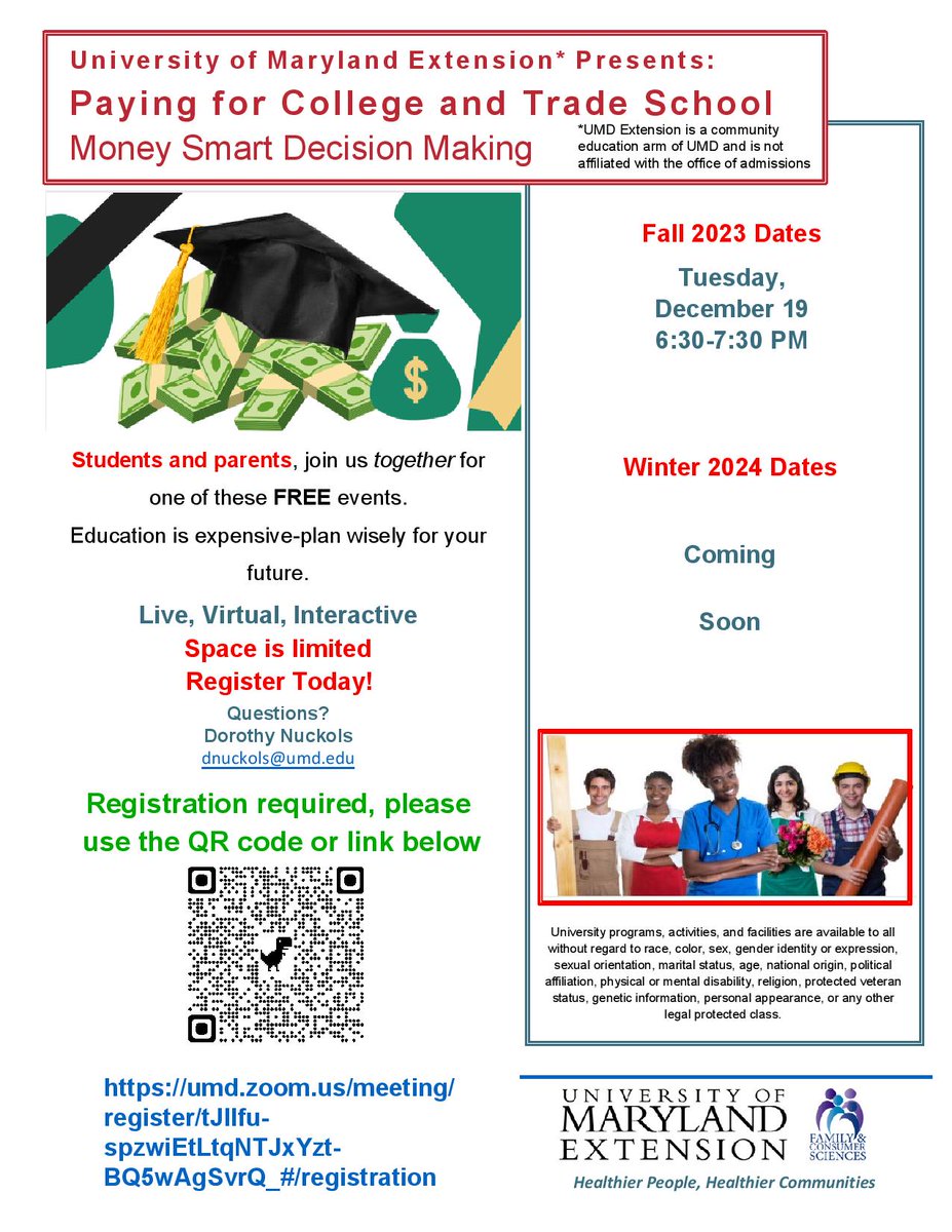 FREE events on how to pay for college or trade school with @umdextension. Register at tinyurl.com/UMDE-moneyforc….  #moneyforcollege #payingforcollege #tradeschool