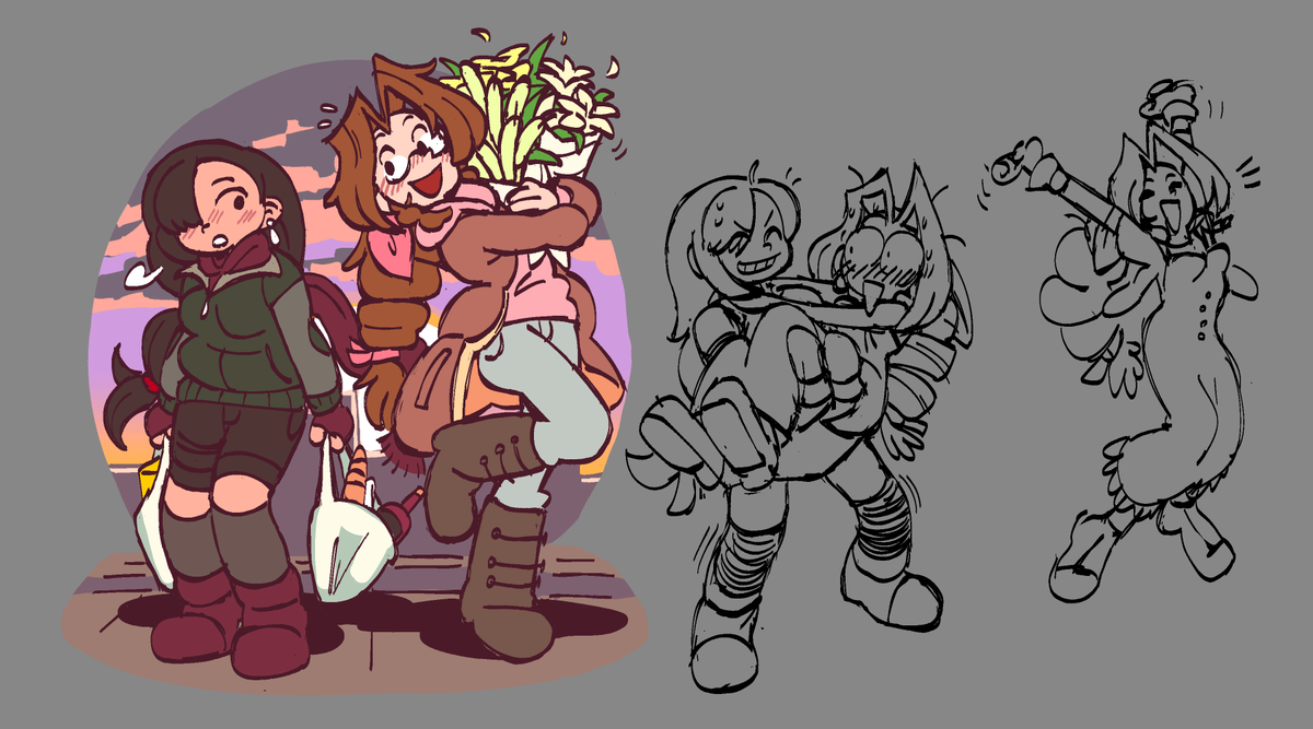 エアリス・ゲインズブール ,ティファ・ロックハート 「various doodles of two women who like ea」|mit | LOOKING FOR WORKのイラスト