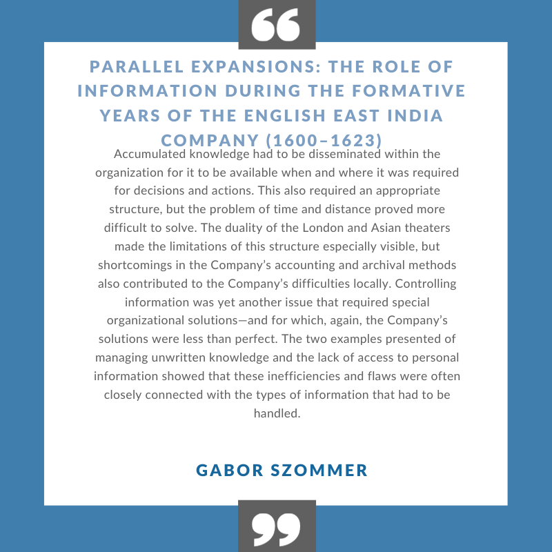 This week we are looking at the role of information in the  East India Company (EIC) (1600–1623) written by Gabor Szommer, PhD. The articles focuses on abstract expansion of knowledge and its contribution to EIC's physical expansion. Read it here- muse.jhu.edu/15/article/707…