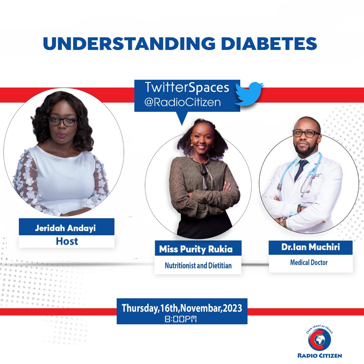 You either know someone who has diabetes or whose parent has diabetes .You may be living with the reality that you’re predisposed to Diabetes. It’s lifestyle. It’s here with us . Let’s talk . See you on @radiocitizenfm Twitter space this Thursday 8PM EAT