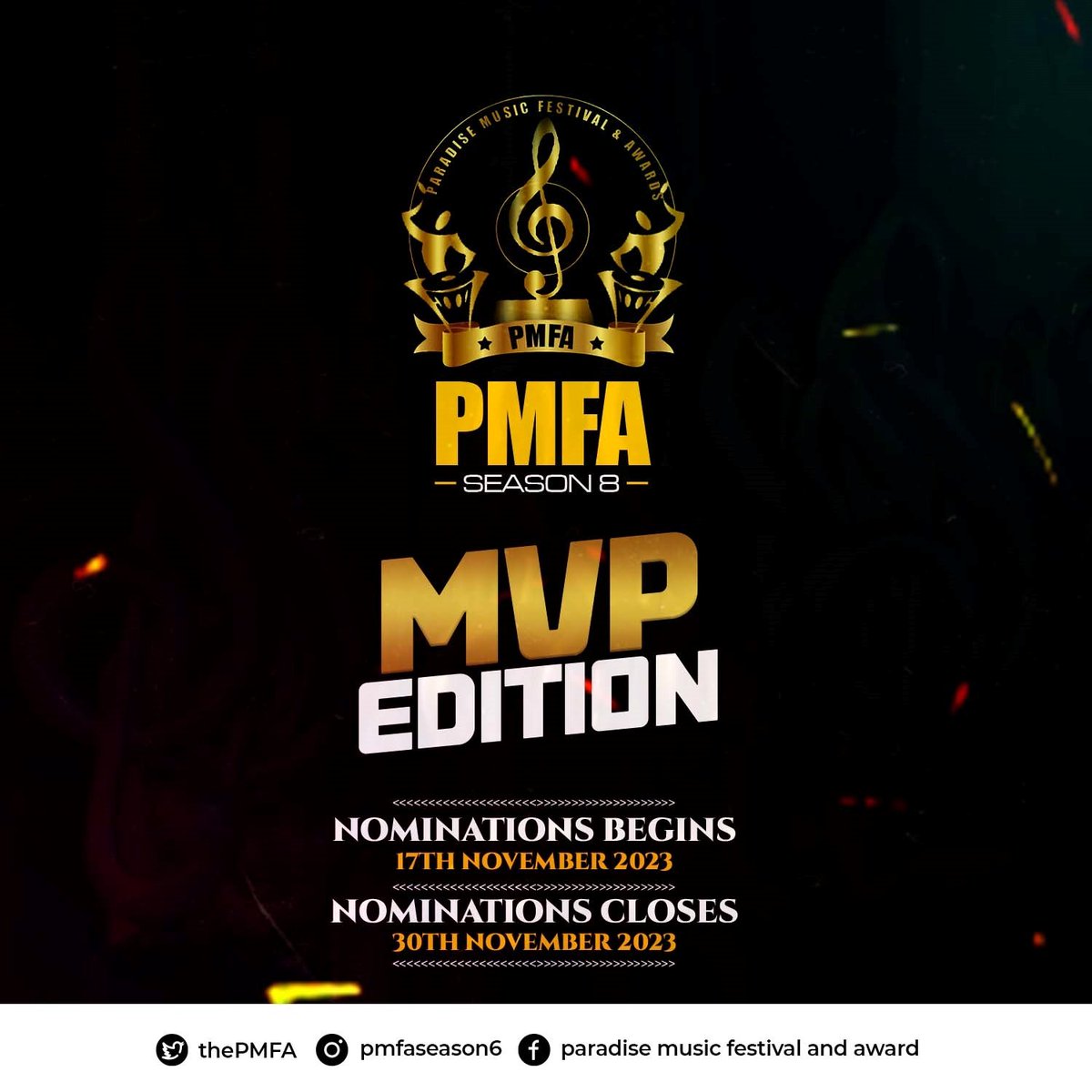 thePMFA's tweet photo. Nominations for the Paradise Music Festival and Awards (PMFA)Season 8 to begin on Friday, November 17th 2022 https://t.co/6jnrZbpQ3I