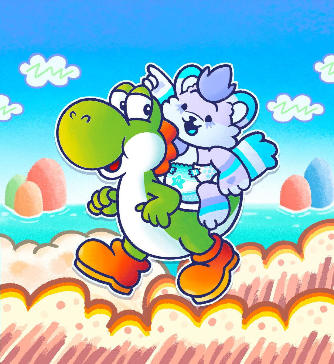 StickerRaccoon's tweet photo. Welcome to Yoshi's island~! 🏝️🦕🥚🖍️ https://t.co/rKcnHT50LK